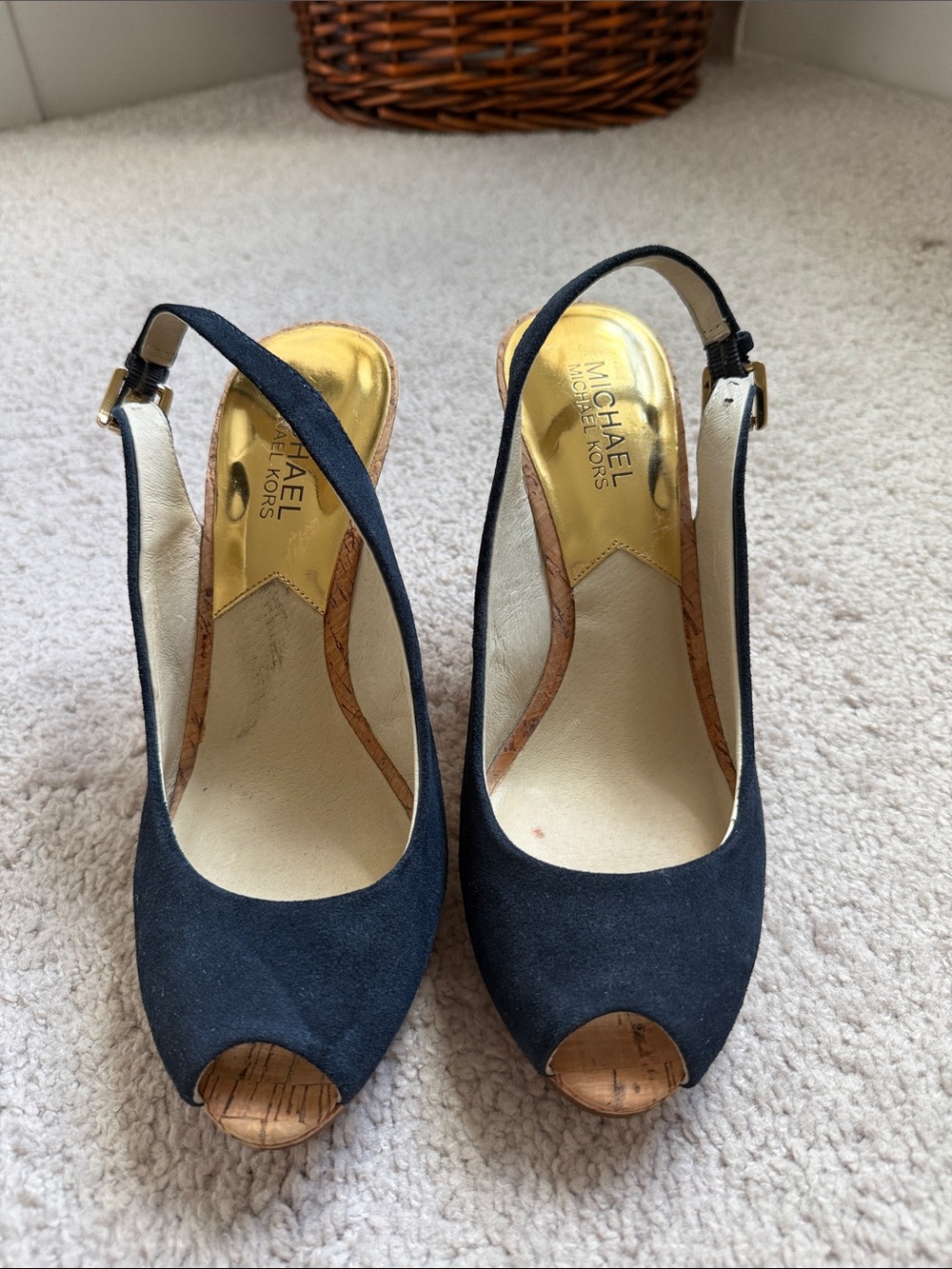 MICHAEL Michael Kors Navy Suede Peep-Toe Slingback Heels with Cork Platform